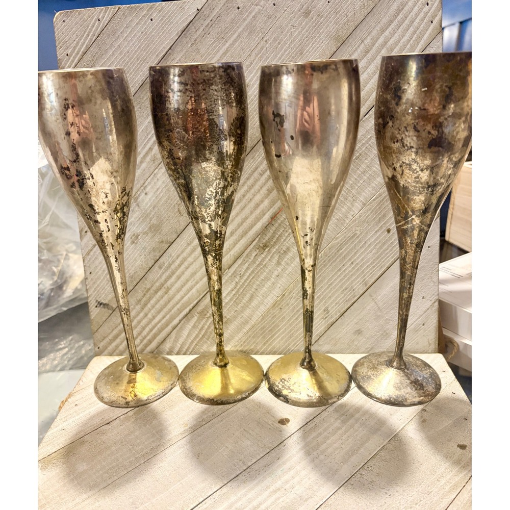 Vintage EPNS Champagne Flutes Set of 4 Heavy‎ Patina Made in India